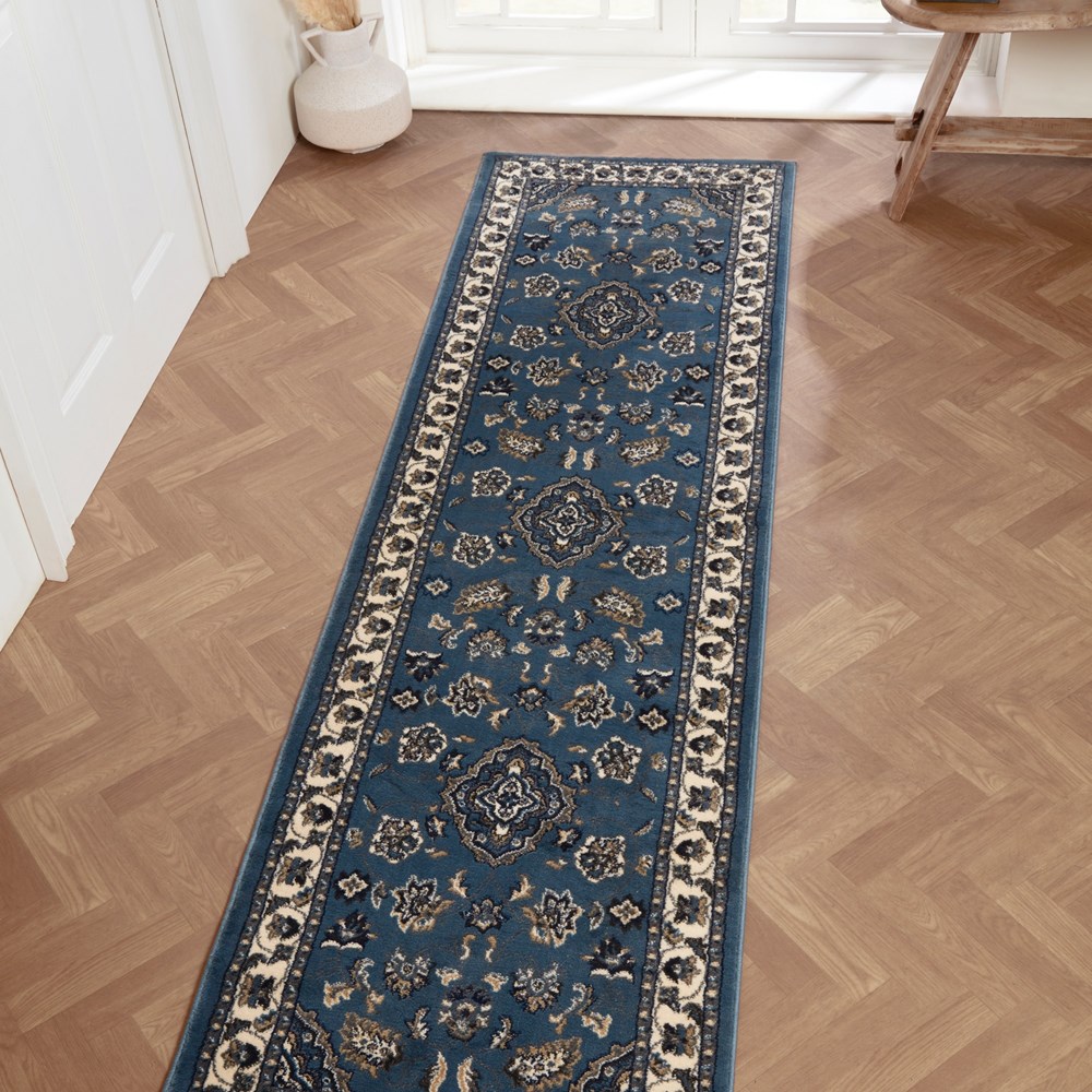 Sherborne Traditional Bordered Runner Rugs in Blue